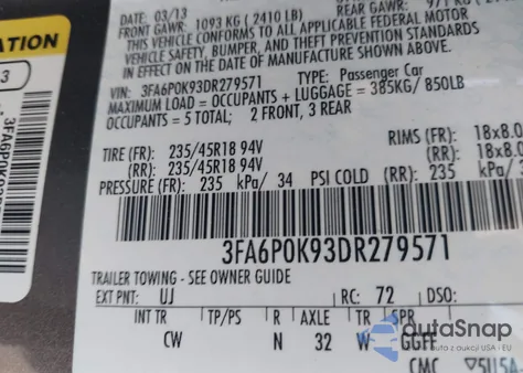 2013 Ford Fusion Titanium z USA, uszkodzony, nr VIN 3FA6P0K93DR279571